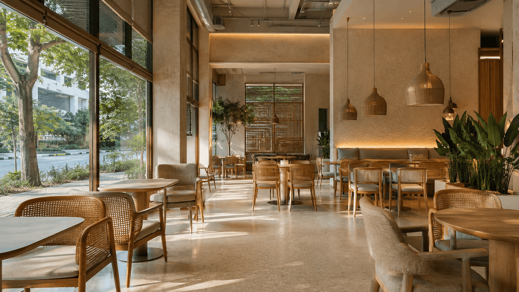 Sunlit café interior with rattan pendant lights, cane furniture, and warm cove lighting along the seating wall
